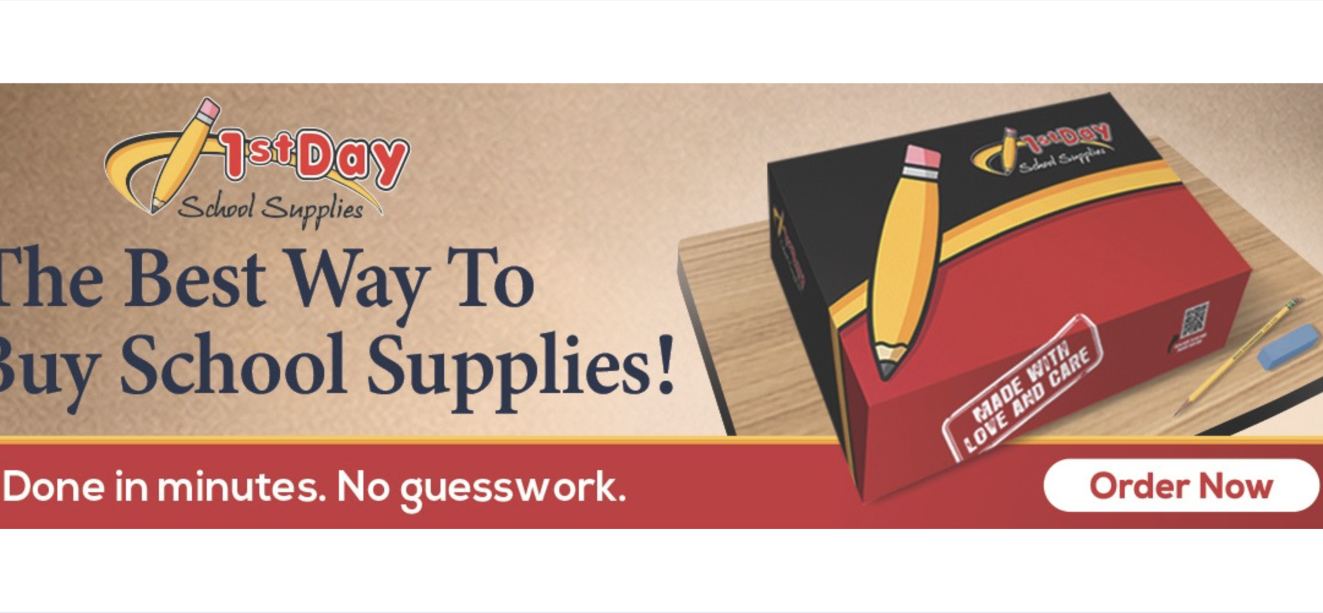 Banner promoting a school supplies box with a pencil graphic. Click to purchase.