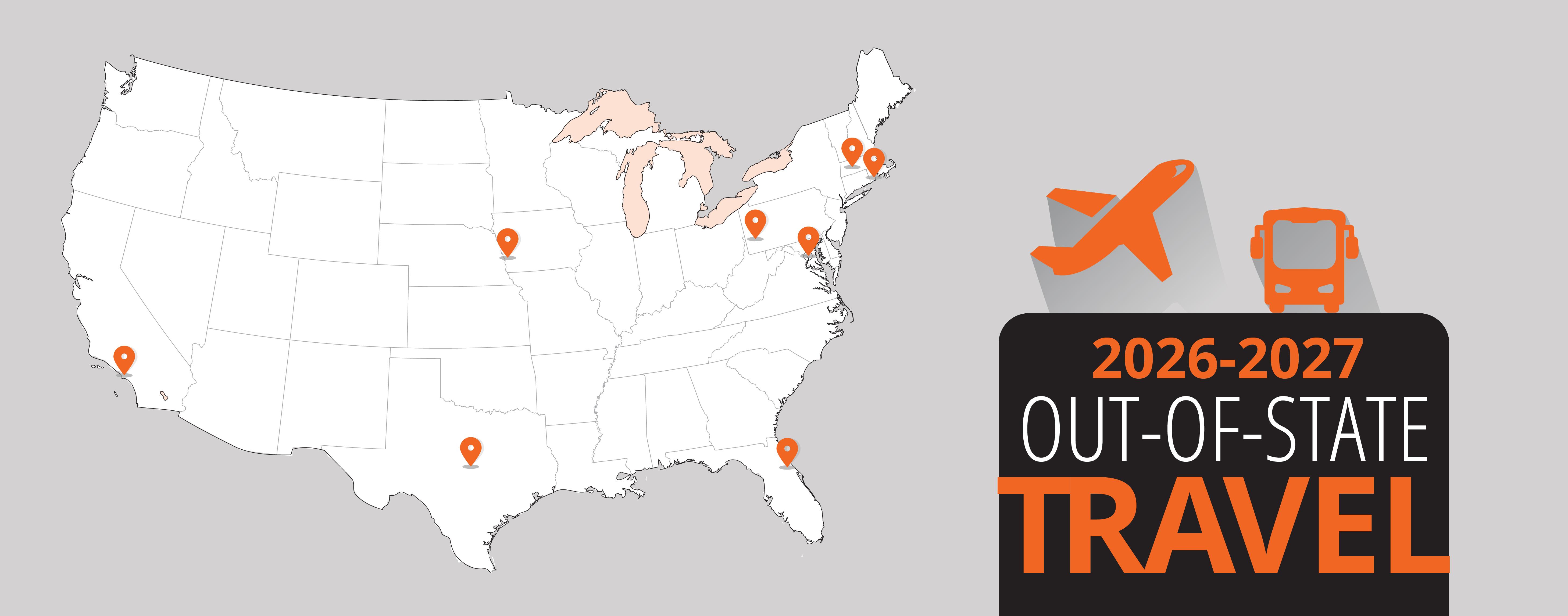 Graphic showing map icons of states MSD Athletics will travel to
