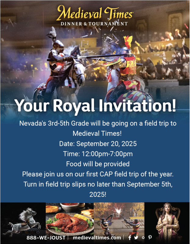 Medieval Times invitation. 3-5 will be going on a field trip 9/20/25 from 12-7pm.
