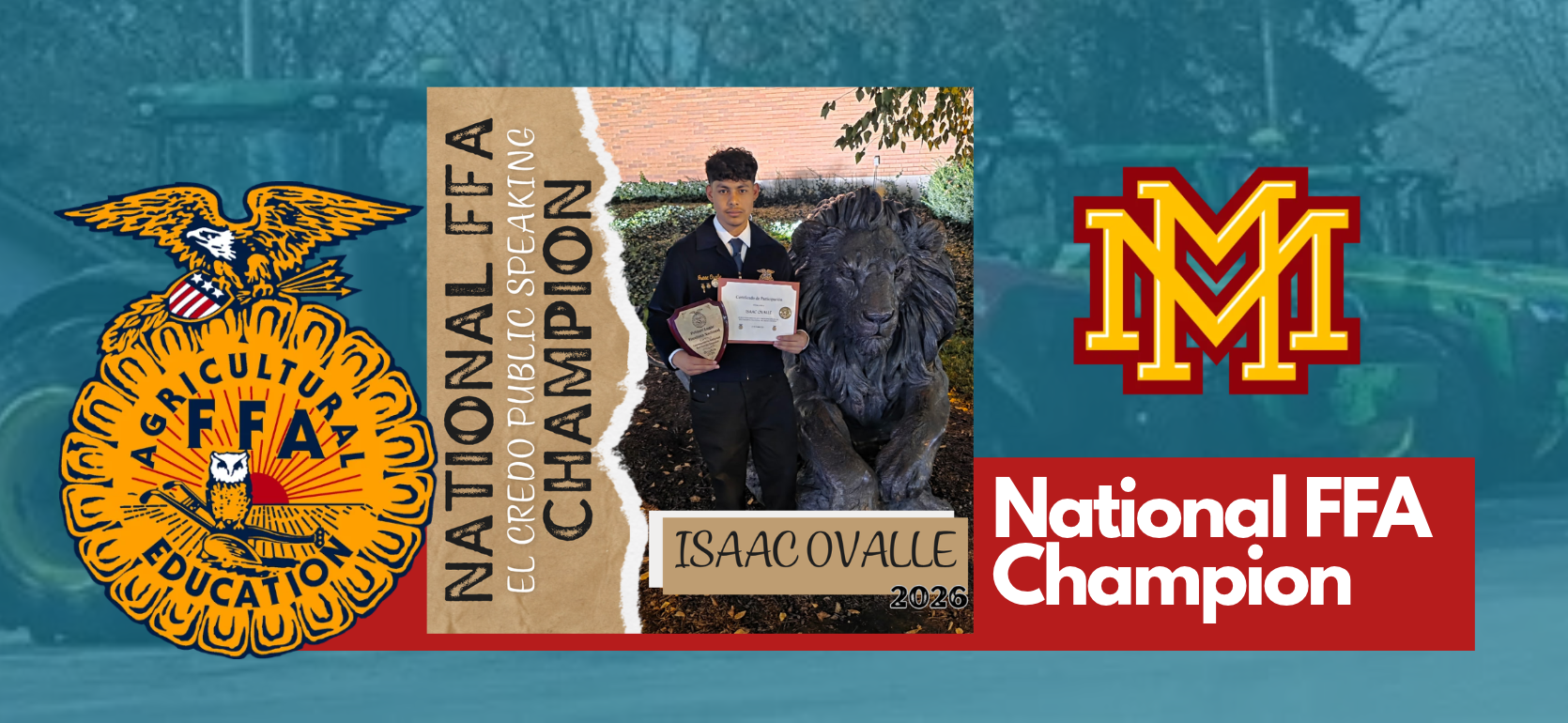 A student holds a trophy next to a lion statue, with FFA emblems and championship text.