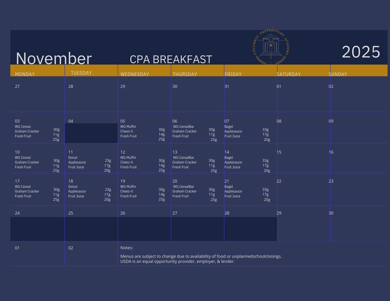School Breakfast menu
