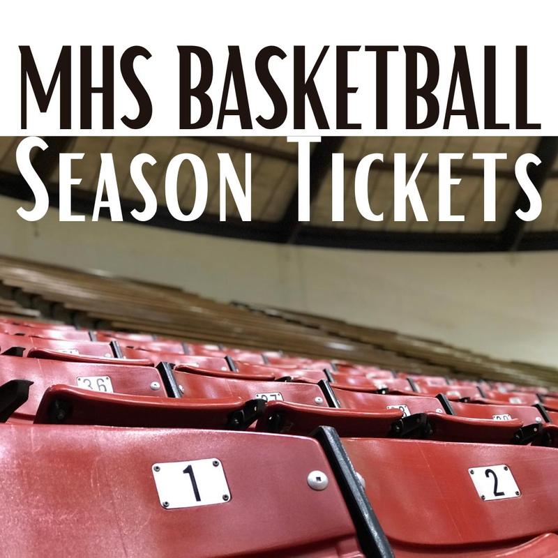 photo of bleachers with the words MHS Basketball Season Tickets