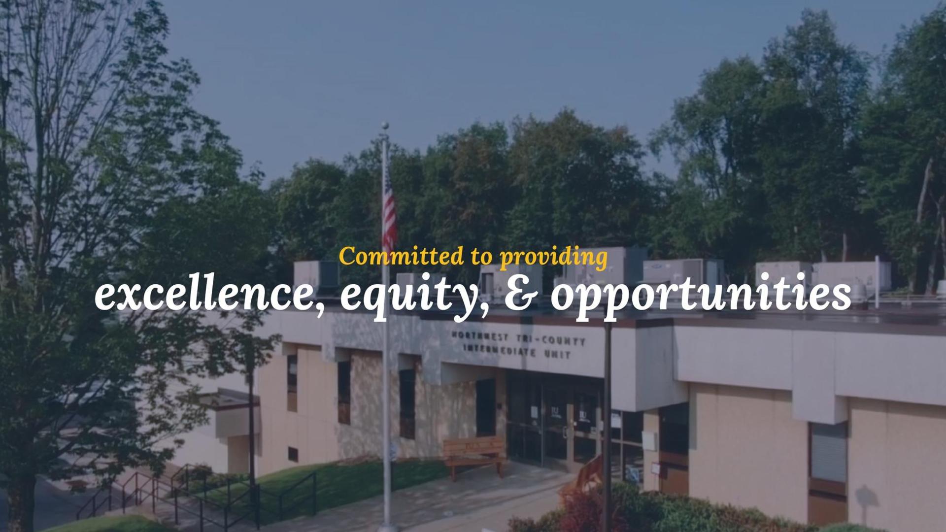 Exterior view of the IU5 office building with a text overlay from our mission statement reading "Committed to providing excellence, equity and opportunities"