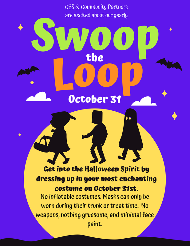 Flyer for the CES Swoop the Loop event on parent pickup loop Friday October 31.