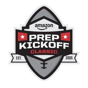 White background with a grey football in the center featuring the amazon Prep Kickoff Classic