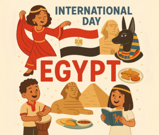 International Egypt Day with illustrations of Egyptian themed characters and icons
