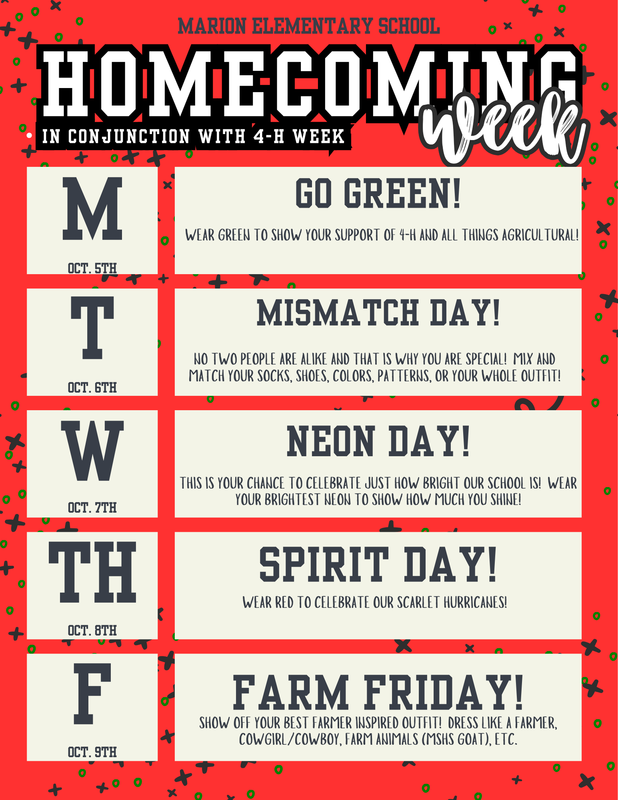 Flyer listing Homecoming and Dress up days for October 5-9