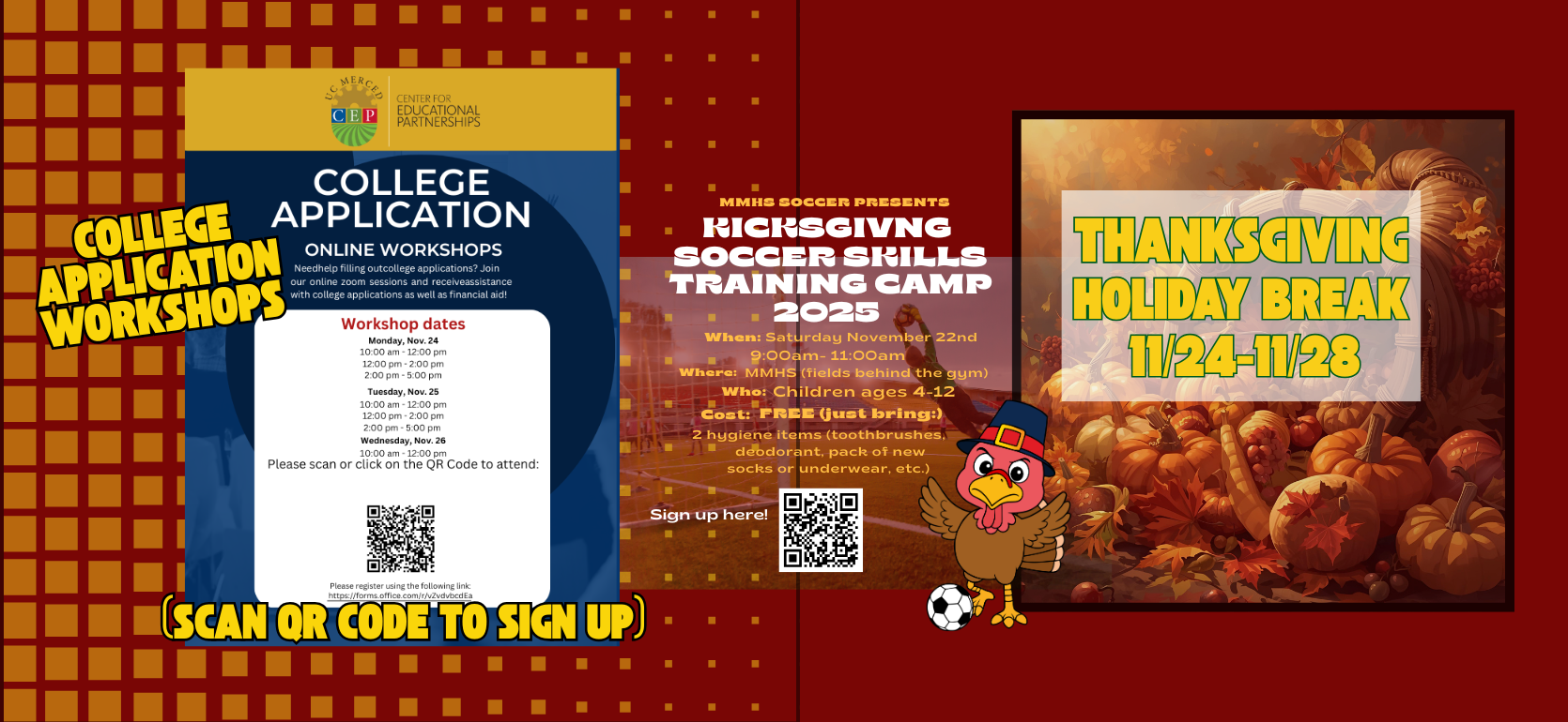 College application workshops and Thanksgiving holiday break information on a red background.