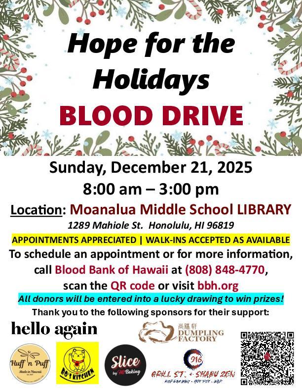 Hope for the Holidays Blood Drive at Moanalua Middle School