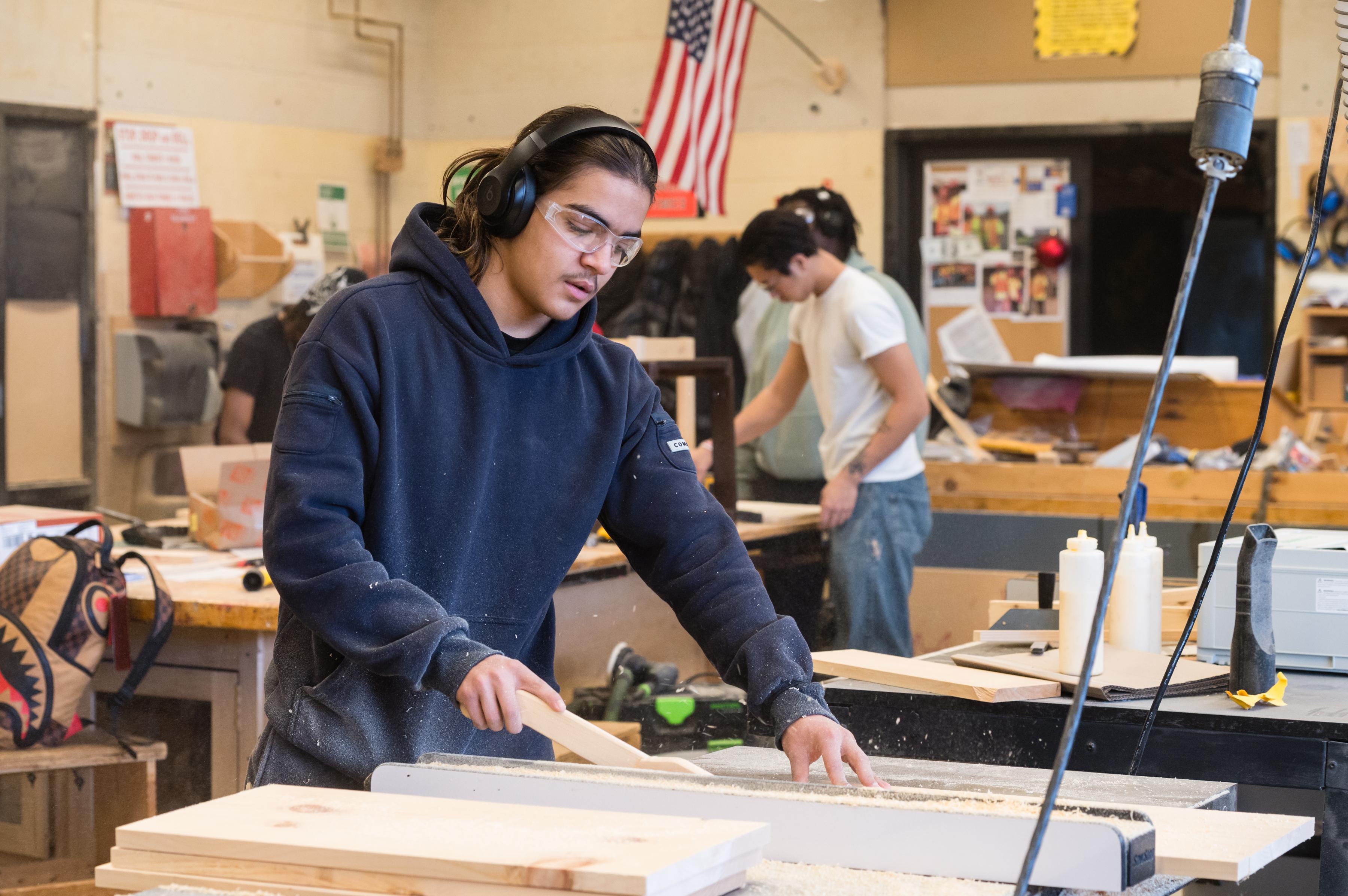 Student works on a carpentry project