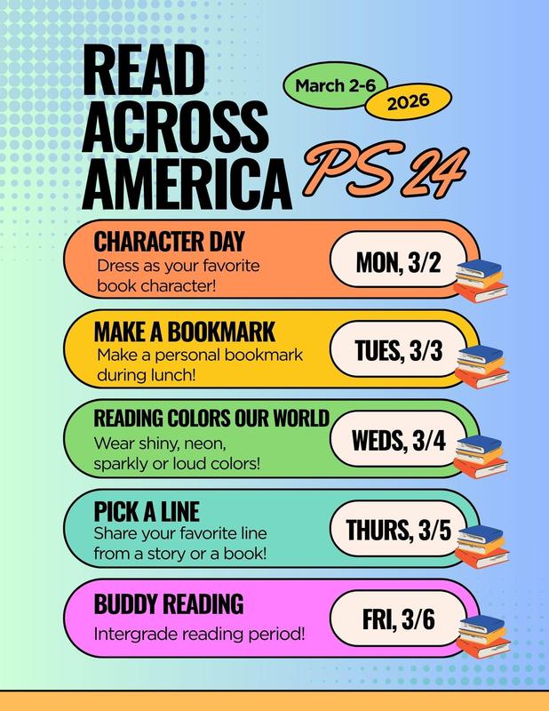 list of activities at PS 24 for Read Acroos America Week