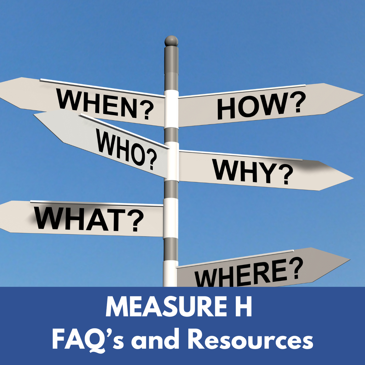 a graphic design with way finding pole and signs that say "when?" How?" Who?" Why" Text on image says Measure H FAQ's and Resources