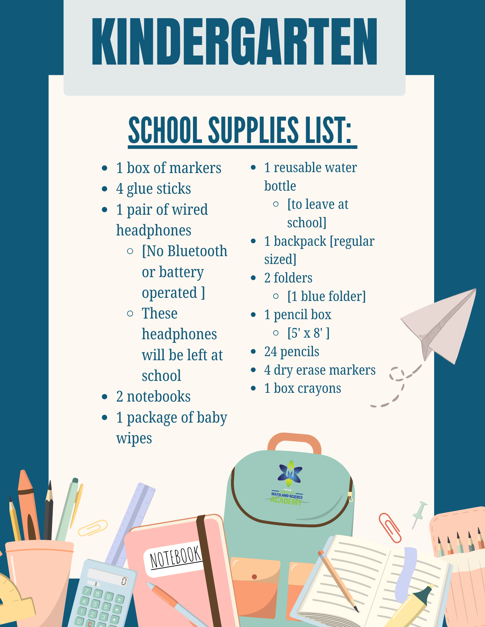 Kindergarten school supplies list