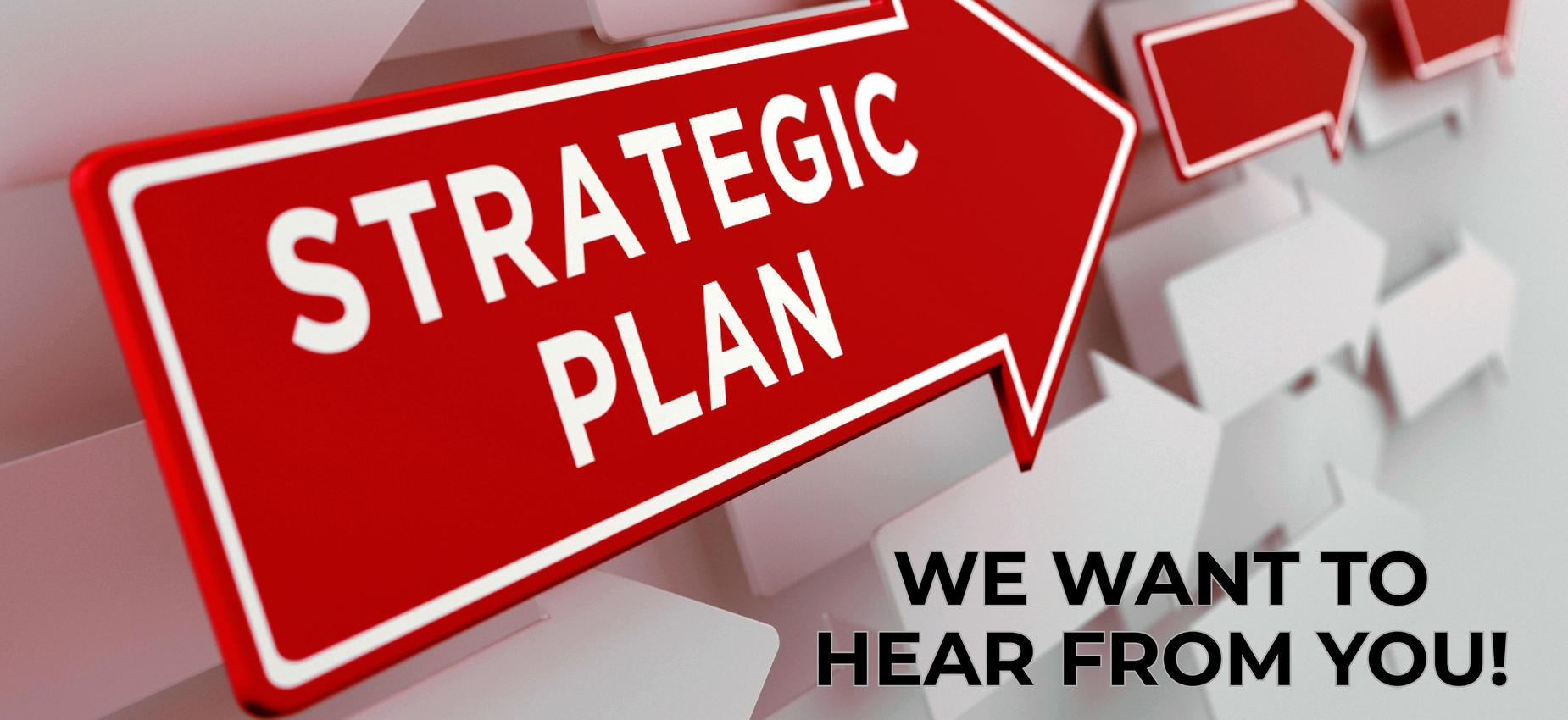 Red arrow pointing to the text 'Strategic Plan' with a message about feedback.