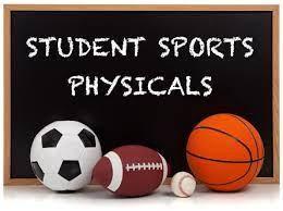 Chalkboard displaying 'Student Sports Physicals' with various sports balls.