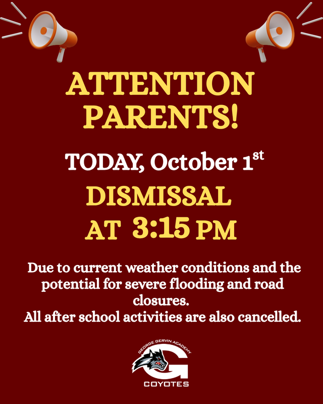 Due to current weather conditions and the potential for severe flooding and road closures, we will have ONE dismissal October 1st at 3:15 PM.