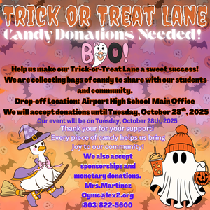 A flyer with costumed trick or treaters seeking candy donations