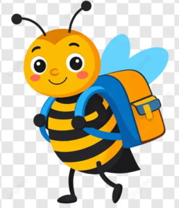 A cartoon bee with a backpack and blue wings, walking happily.