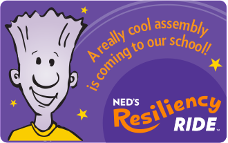 Cartoon of a boy with spiky hair promoting a school assembly event.