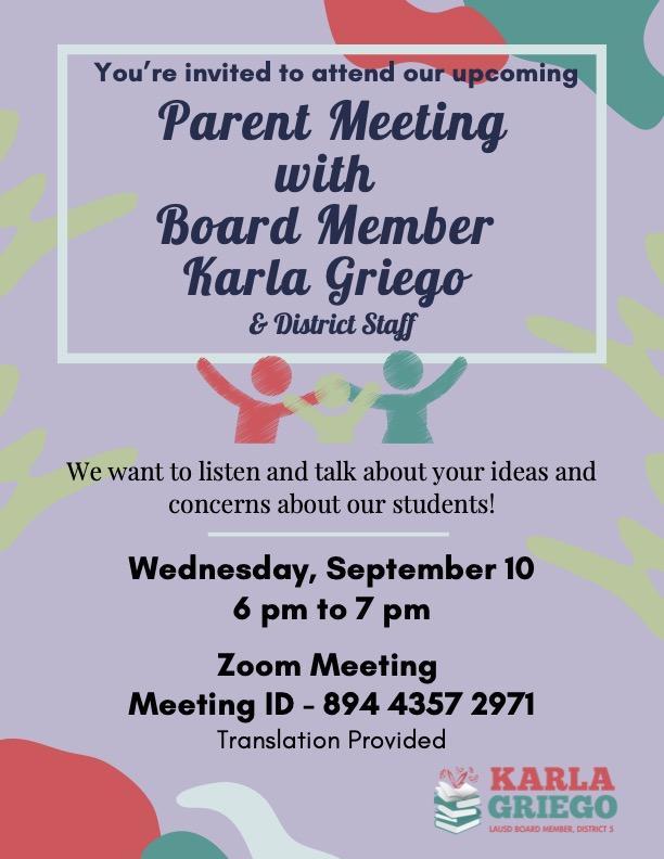 Parent Meeting with Karla Griego flyer