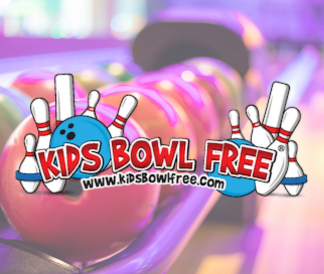 Kids Bowl Free logo in front of bowling alley ball return machine
