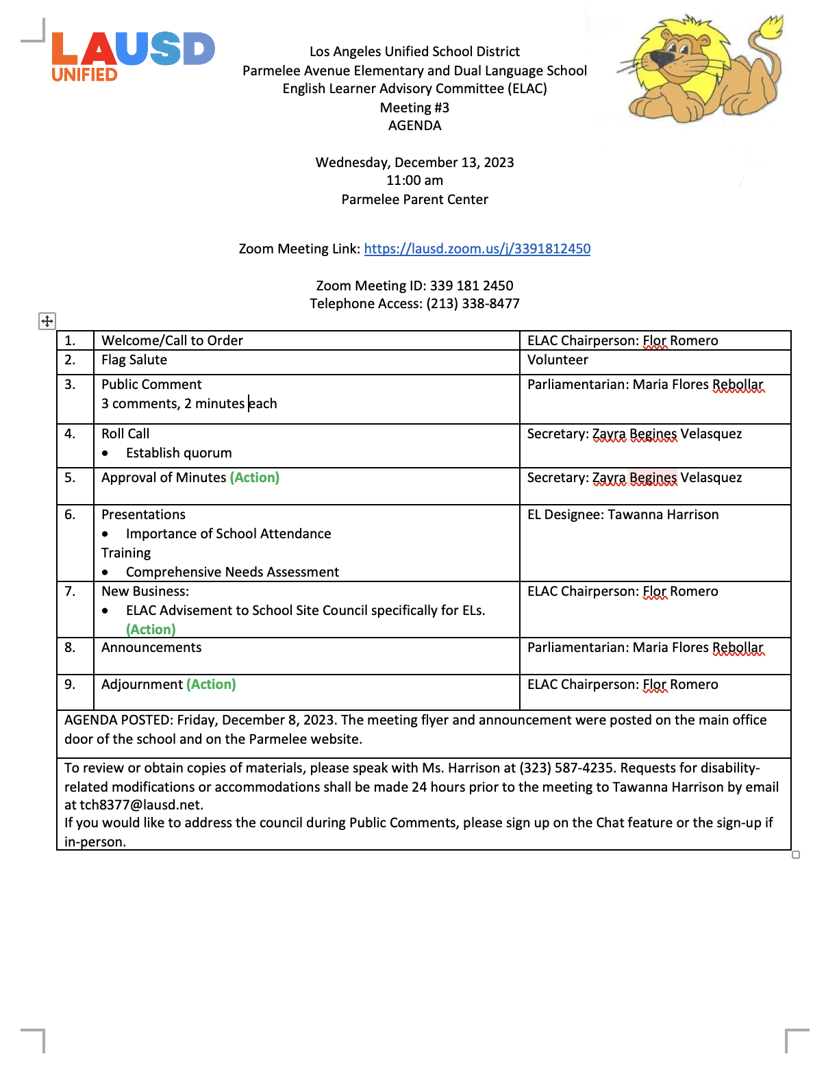 ELAC Meeting Parmelee Avenue Elementary and Dual Language School