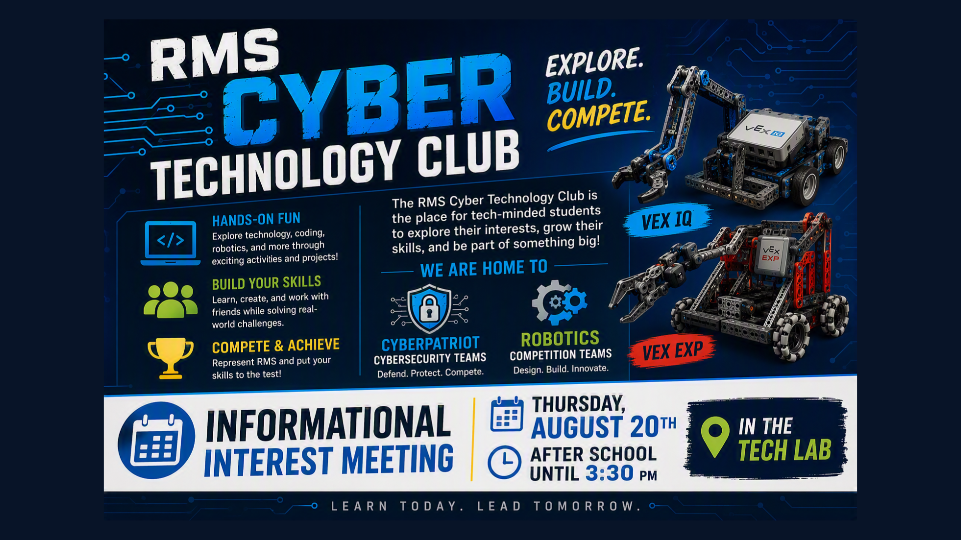 Promotional flyer for the RMS Cyber Technology Club with event details.