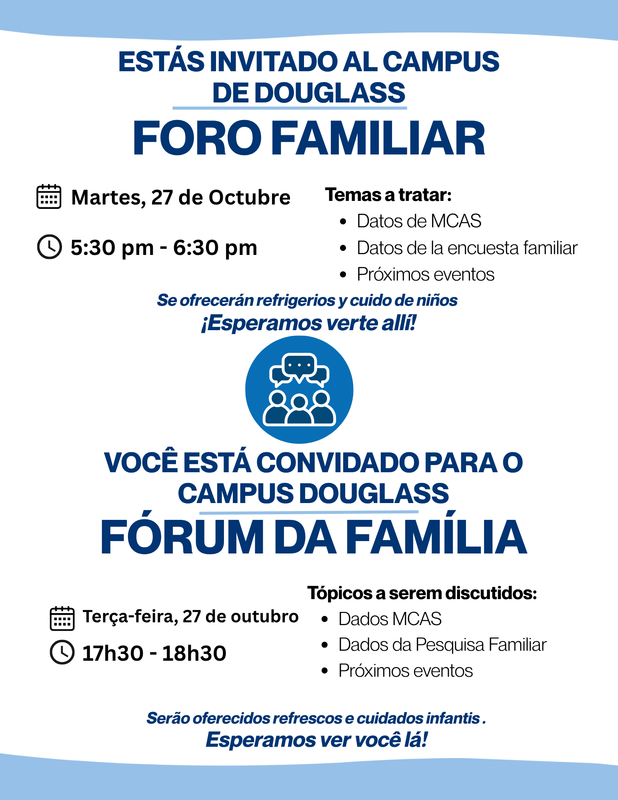 Douglass Family Forum Flyer in Spanish and Portuguese