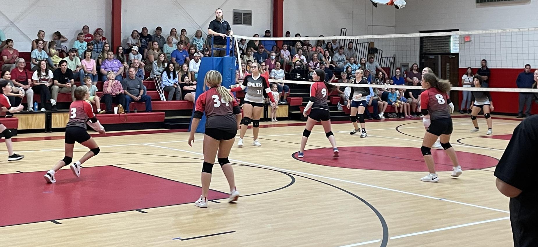 Volleyball players play a game.