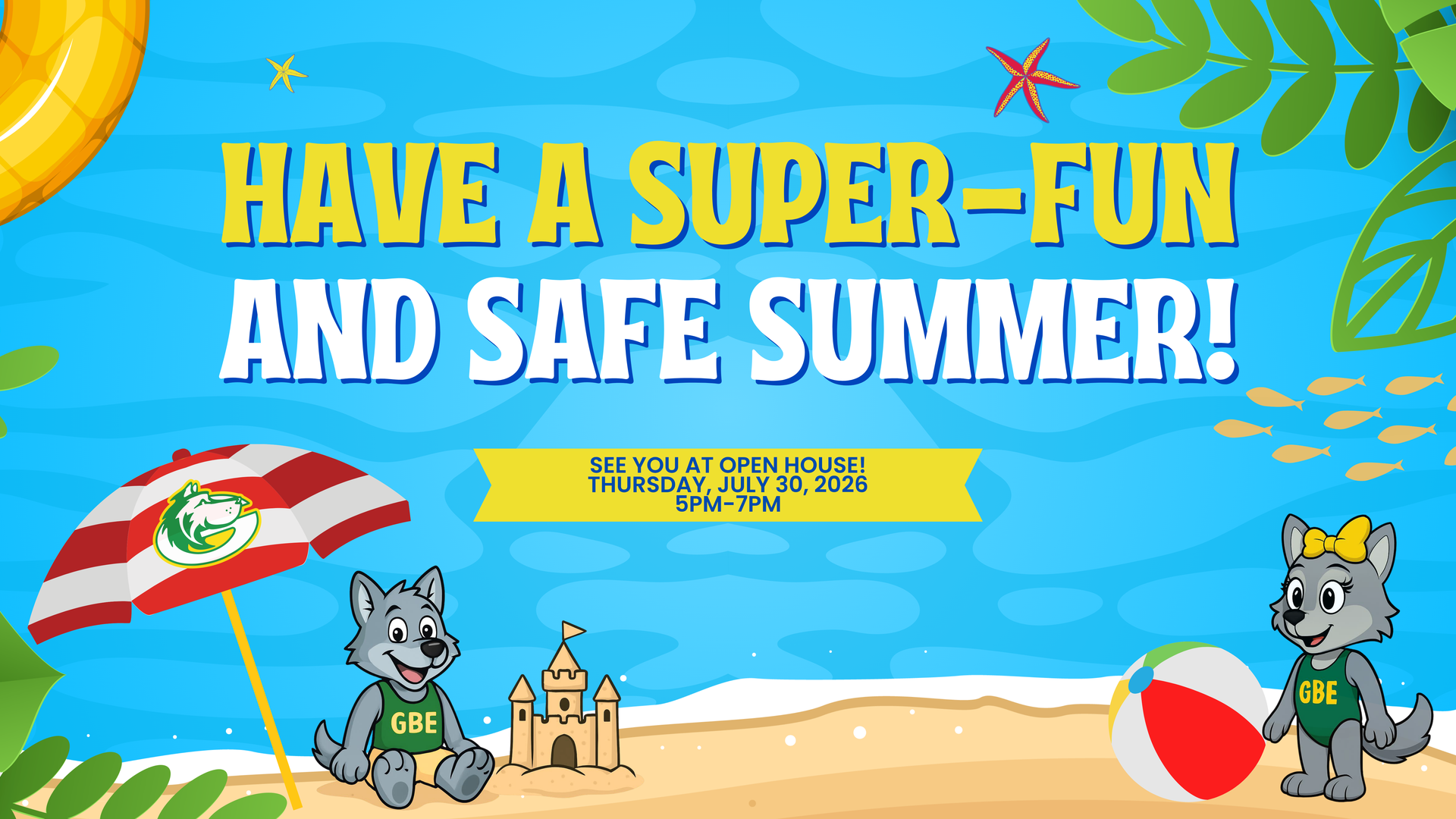 Colorful summer-themed graphic with text and wolf mascots on the beach.