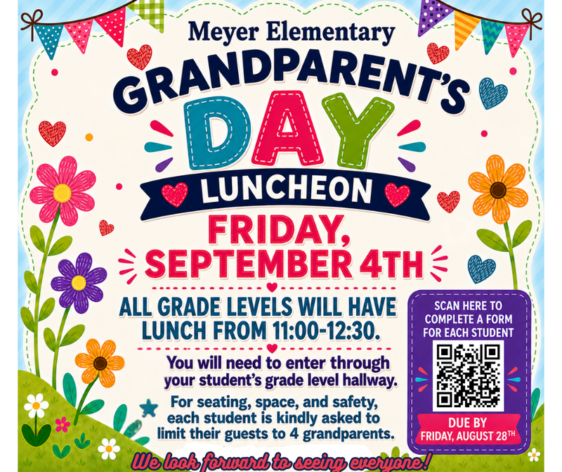 Grandparent's Day luncheon announcement with colorful decorations and details.
