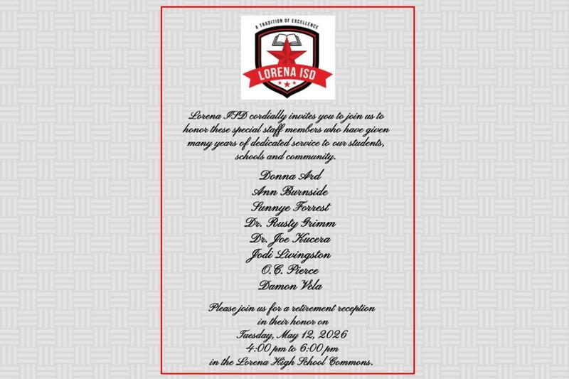 Invitation to honor retiring staff members at Lorena ISD event.