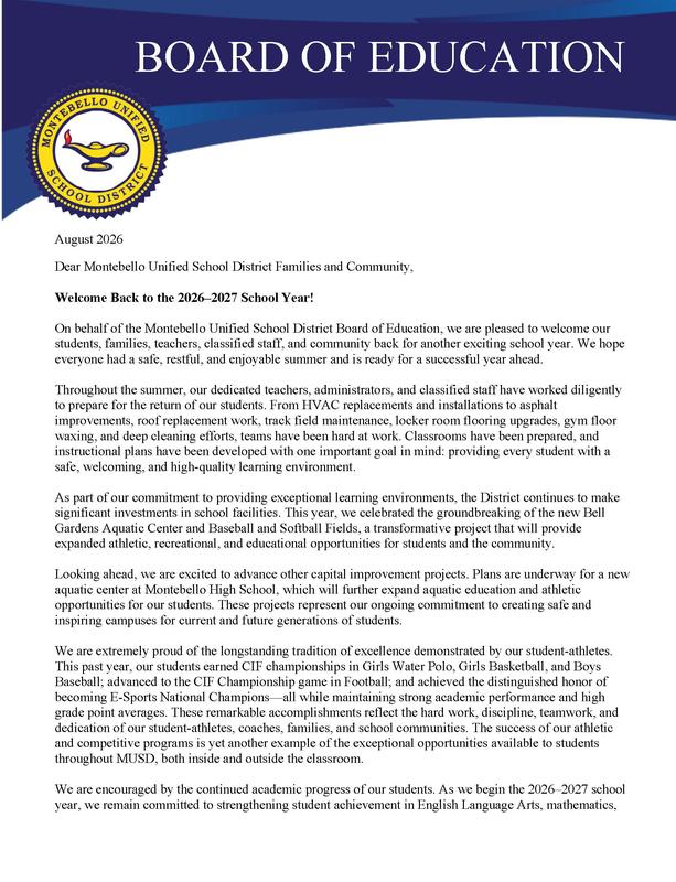Front page of welcome back letter 2026
