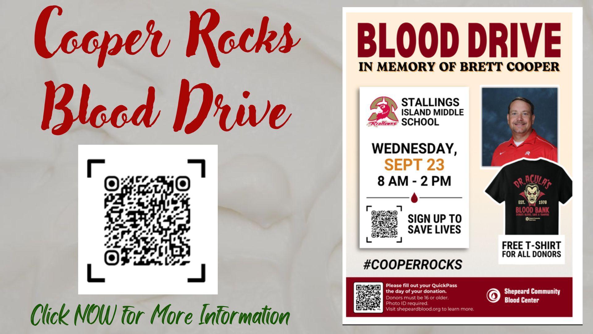 Blood drive promotional poster with event details and QR code.