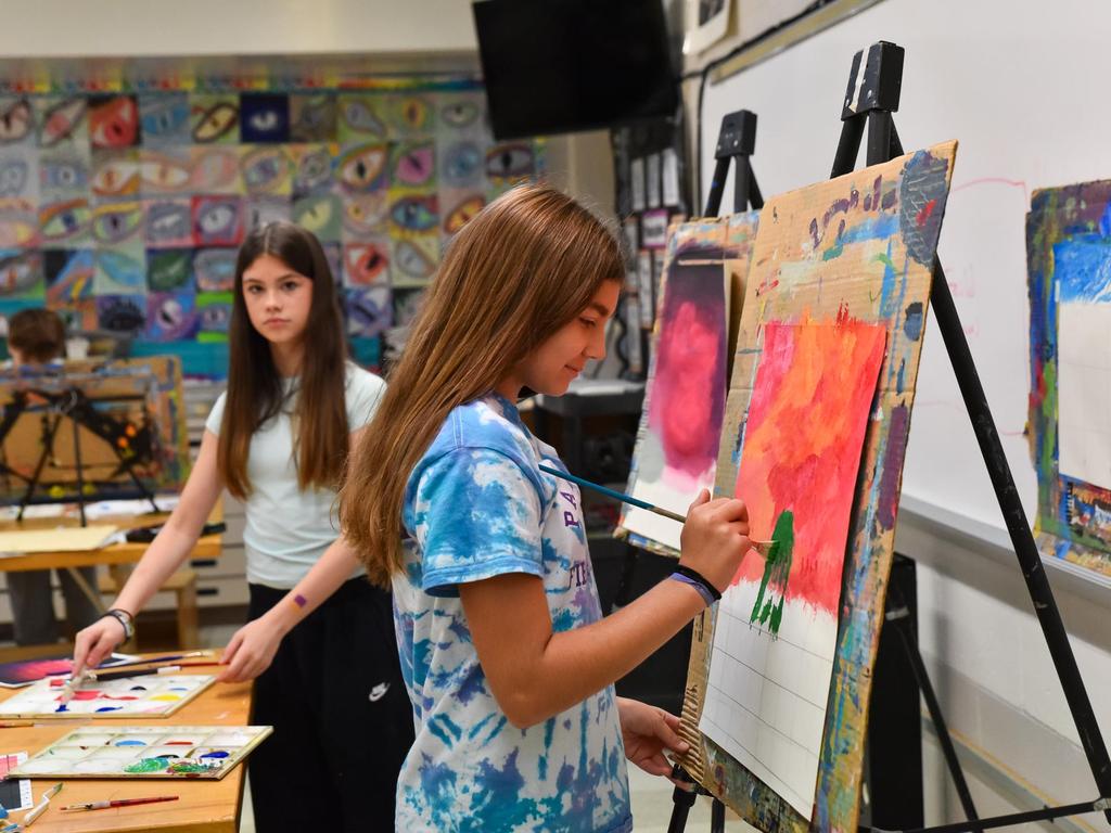 Two students painting at easels in the art room.
