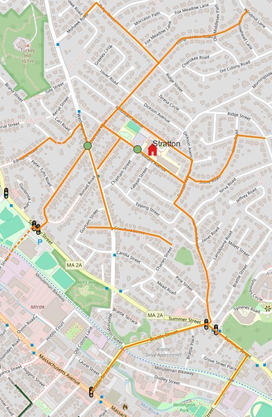 Map of Stratton walking routes in orange. Includes Longmeadow Rd, Overlook Rd, Edmond Road, Crawford St, Mountain Ave, Pheasant Ave, Hemlock St, Stone Rd, and Dickenson Ave