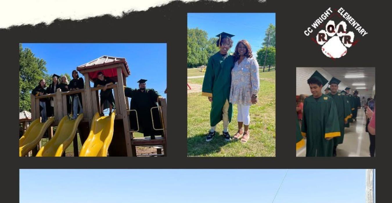 Graduates gather at a school sign, showcasing memories and events in caps and gowns.