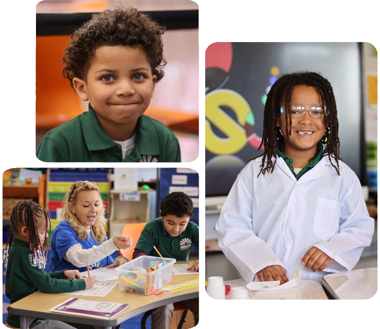 Collage showcasing various student activities including academics, science, and hands-on projects.