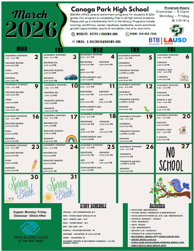 Boys and Girls club Montly Calendar for march 2026