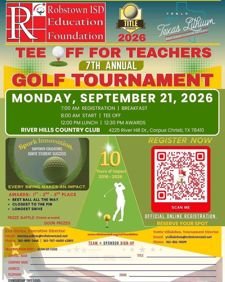 Promotional flyer for a golf tournament with details on registration and location.