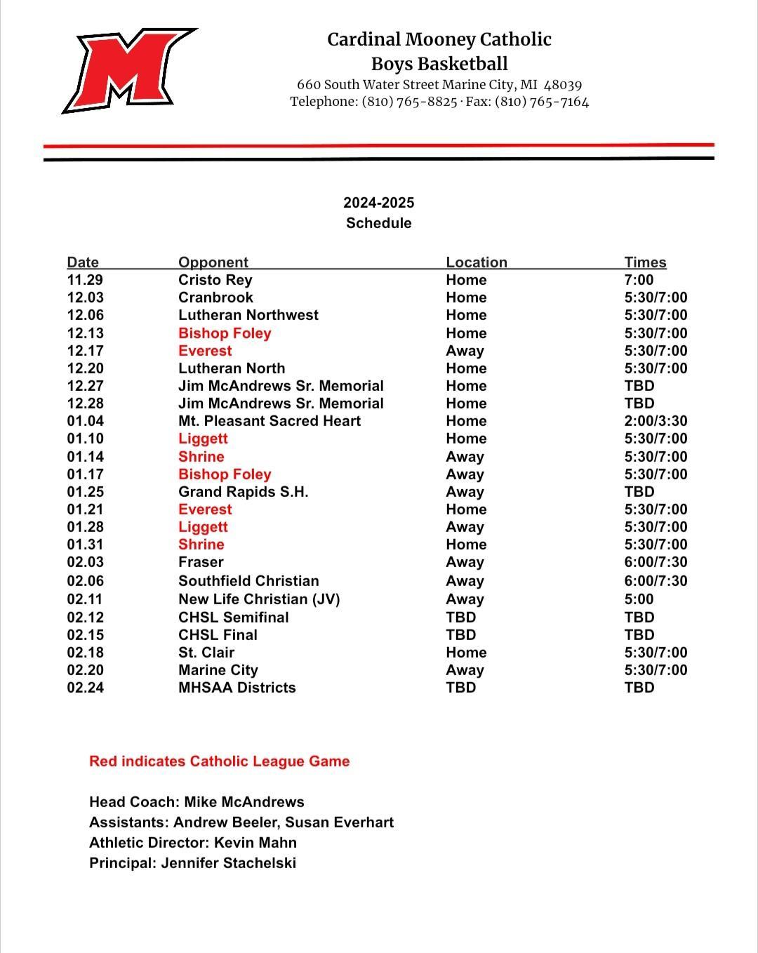 Schedules Boys Basketball Cardinal Mooney Catholic High School