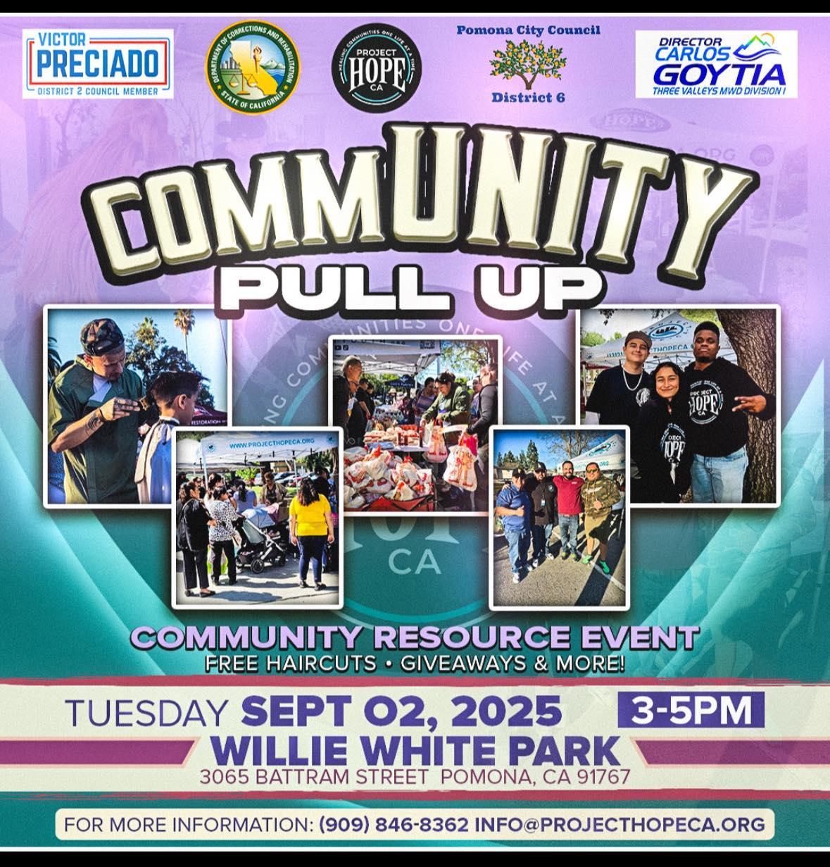 Infographic Community Pull Up - September 2, 2025 at Willie White Park. Community Resource Event 