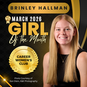 black and gold background with gold medallion and photo of March Girl of the Month