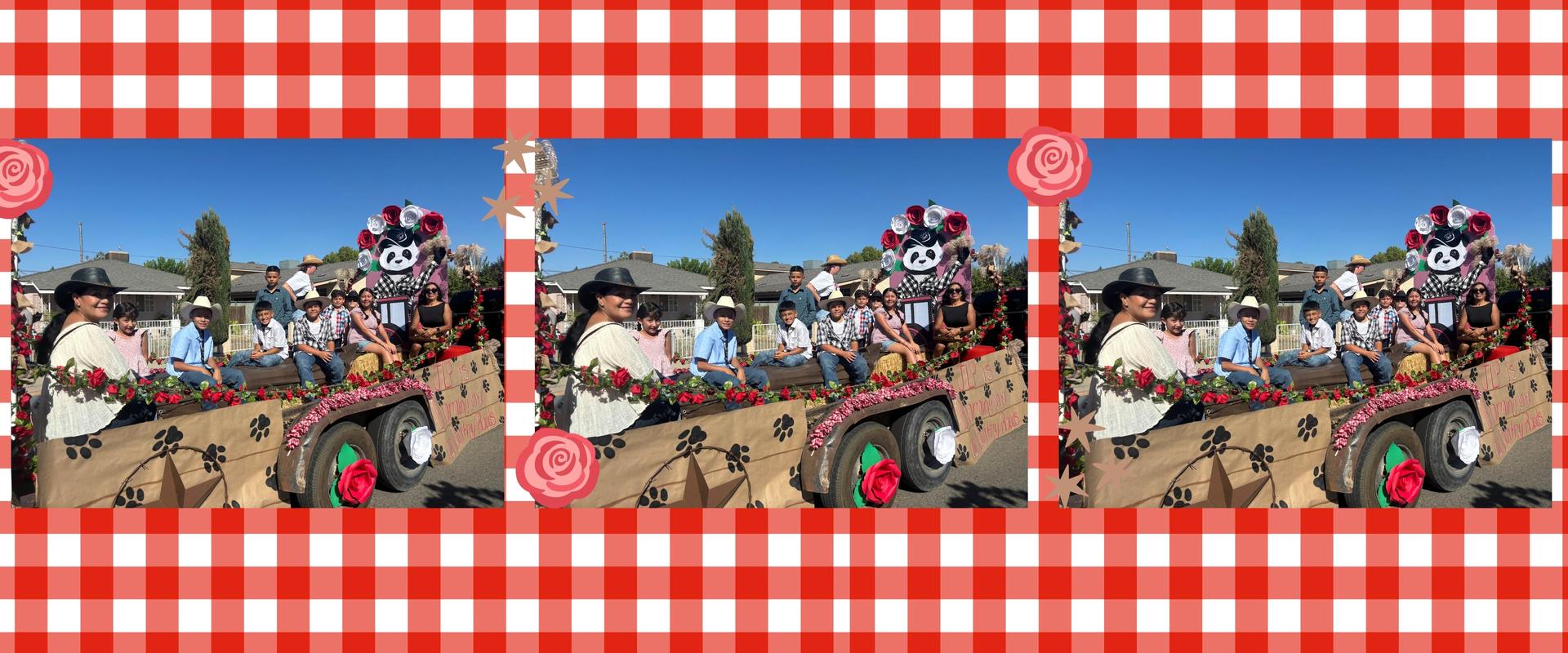 A festive parade float decorated with flowers and people in cowboy hats.