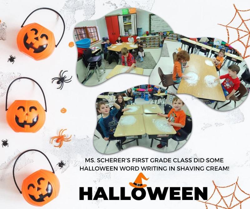 First Grades does Halloween Word Writing in Shaving Cream