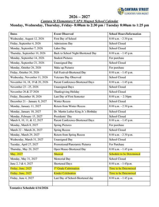 2026-2027 Cantara Parent School Calendar