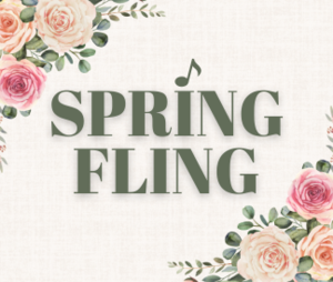 Spring fling text with floral borders and musical note
