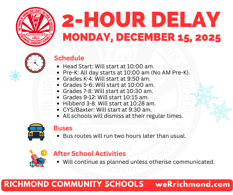 2-Hour Delay MONDAY, December 15, 2025