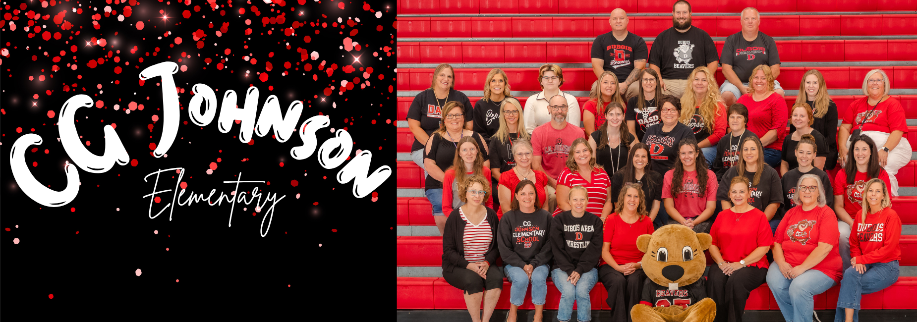Group photo of staff at CC Johnson Elementary, featuring red and black attire.