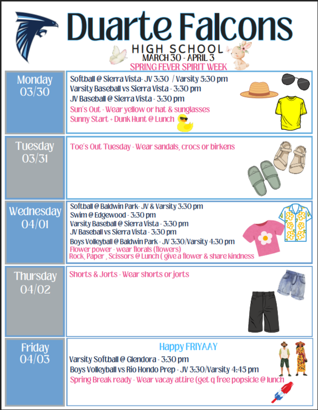 Weekly schedule for the week of March 30 to April 3, sports and ASB activties